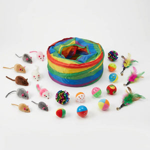 24-Pack Premium Cat Toy Variety Set - Interactive Tunnel, Catnip Mice, and Colorful Feather Teasers for Indoor Cats